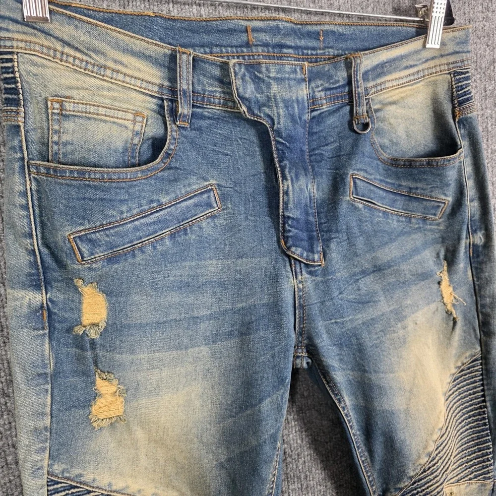 KDNK Denim Jeans Mens 34x32  Blue Moto Destroyed Distressed Ankle Zip 11 4 14 11